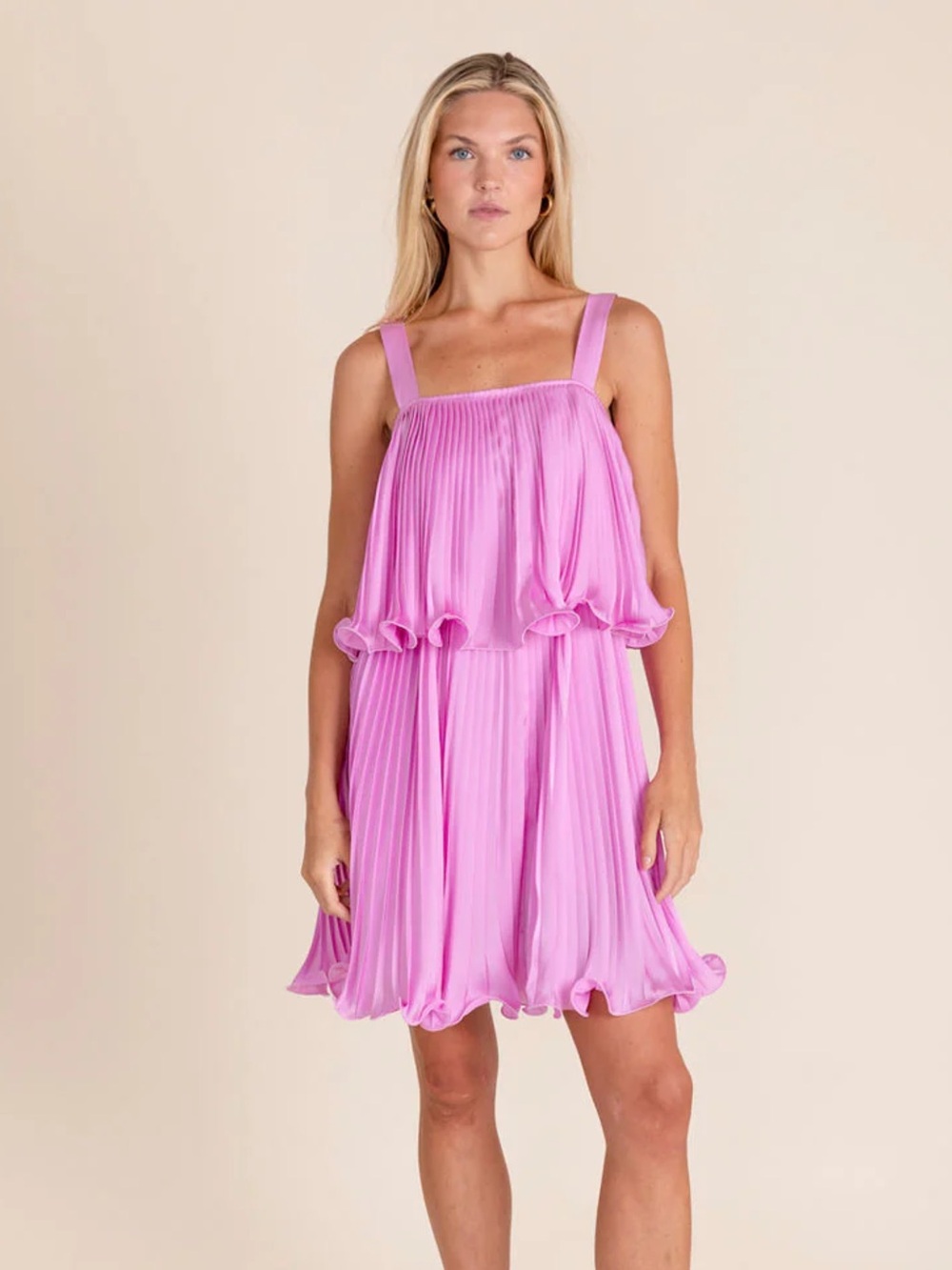 Pleated Pink Ruffle Mini Dress with Square Straps